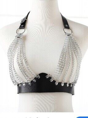 Edgy Black Leather & Silver Chain Halter Bra